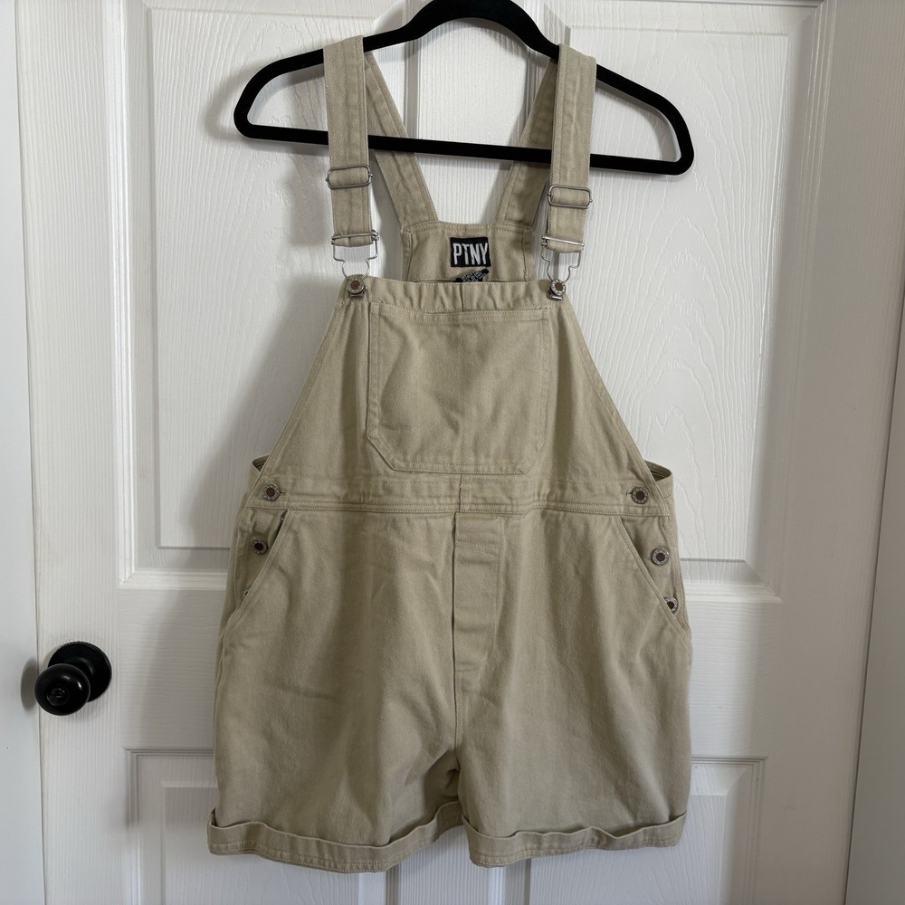 Vtg PTNY Women's Utility Cargo Overall Bib Shorts Large Tan Beige Y2K Comfort